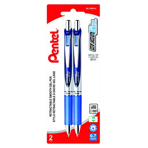 Pentel EnerGel Retractable Liquid Gel Rollerball Pen, Everyday Writing, Office Supplies, School Supplies, 0.7mm Medium Point, Blue Ink, BL77BP2-C, 2 Pack