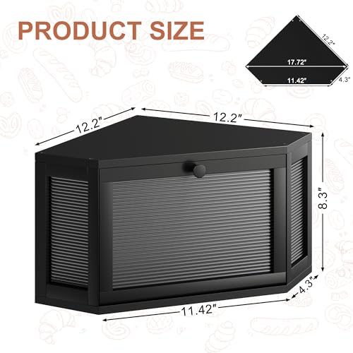 Image of WOWLIVE Corner Bread Box for Kitchen Countertop, Bamboo Bread Storage Container, Large Farmhouse Bread Holder with Acrylic Wavy Door Panel, Multi-functional Container, Black