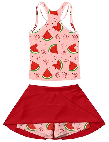 Image of Vogseek Girls Swimsuit Size 6 7 Red Watermelon Pattern Cute Bathing Suit for Girls with Matching Skirt 2 Piece Quick Dry Swimming Suits for Girl Beach Tankini Swimwear Sets