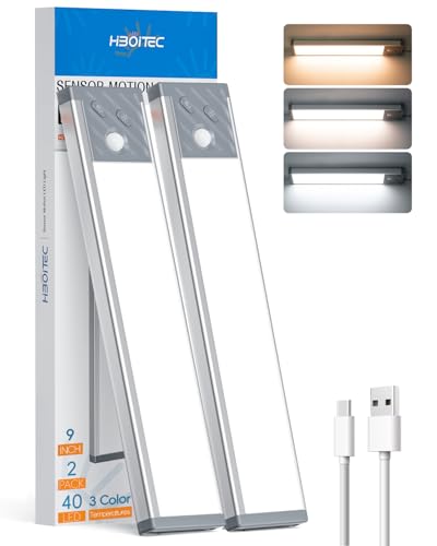 HIBOITEC 3 Color ＆ Dimmable Motion Sensor Cupboard Lights, 1500mAh USB-C Rechargeable Under Cabinet Kitchen Lights, Wireless Strong Magnetic ＆ Hanging Design Under Cabinet Lighting for Wardrobe, Stair