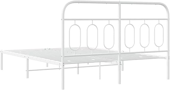 Metal Bed Frame without Mattress White 135x190cm with Headboard and Storage Space, Steel Bed Frame with Sturdy Metal Slats and Center Legs