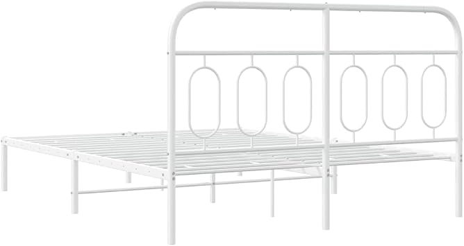 Metal Bed Frame without Mattress White 135x190cm with Headboard and Storage Space, Steel Bed Frame with Sturdy Metal Slats and Center Legs