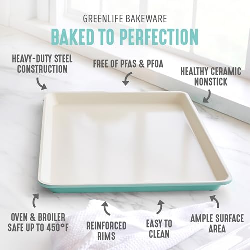 GreenLife Bakeware 18” x 13” Half Cookie Sheet Baking Pan, Non-Toxic PFAS-Free Healthy Ceramic Nonstick, Oven Safe to 450°F, Easy Release, Even Heating, Easy Clean, Turquoise - Thumbnail 3