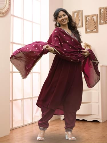 Image of Navlik Women's Vichitra Silk Embroidered A-Line Kurta with Pant & Dupatta 3-Piece Ethnic Set for Festive (NK4-442)