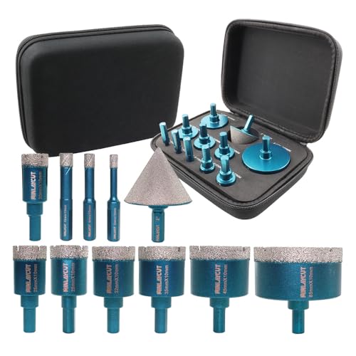 MINLAYCUT Punte Diamantate Fresa 6/8/10/20/25/28/32/35/45/65mm Trapano Diamantate 11 Pezzi con Alluminio Scatola e 50mm Fresa e Adattatore per Porcellana Piastrella Granito Marmo Taglio a Secco