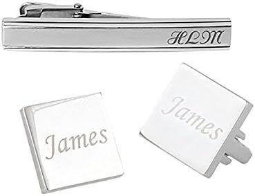 Customize Tie Clip and Cufflinks Set Stainless Steel Personalized Cufflinks Engraved Free for Father's Day