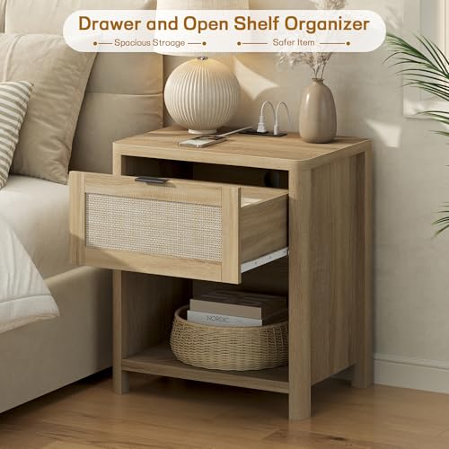 Image of Boho Nightstand with Charging Station, Large Bedside Table with Drawer & Open Storage Shelf, Mid-Century Modern End Table Rattan-Look Drawer, Accent Side Table with Rounded Corners for Bedroom