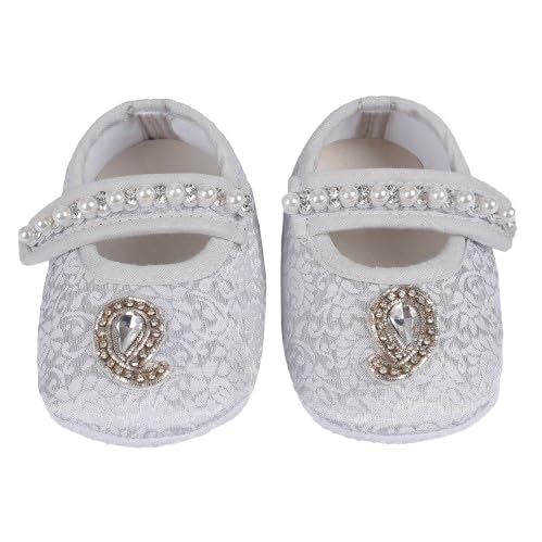 coco candy Silver Ethnic Brocade Booties with Pearl & Stones Shoes for Girls Soft Warm Comfortable Anti-Slip New Born Infant shoe Baby Footwear gift for little one Walking & Daily Wear-picture-29