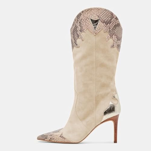 miss left Women Trendy Thin High Heel Pointed Toe Knee High Boots Side Zipper Mid Calf Cowboy Western Boots Graceful Party Club Shoes Size 4-16 US2