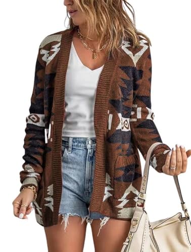 Women's Tribal Aztec Print Sweater Open Front Knitted Jacquard Cardigan Sweaters