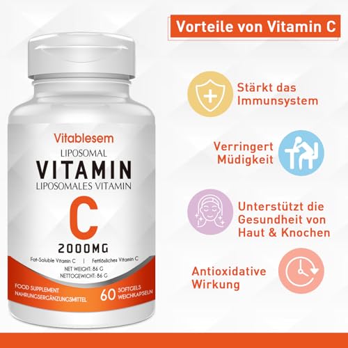 Liposomale Vitamin C Kapseln 2000 mg - Hochdosiert Glutenfrei & Ascorbinsäure - Immununterstützendes Antioxidans - Non-GMO