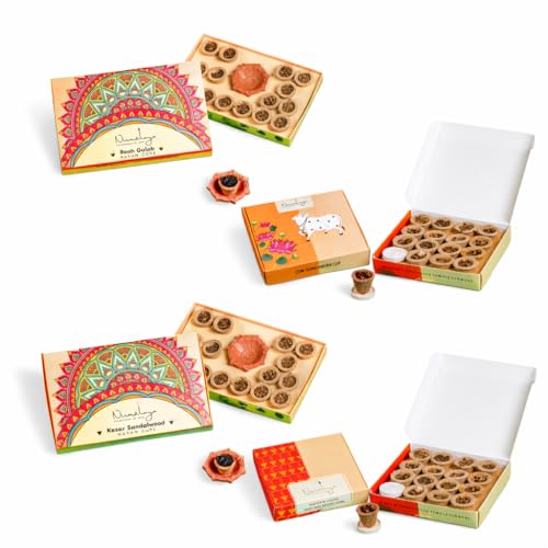 Image of Nirmalaya Premium Organic Havan Cups Variety Pack 60 pcs | Desi Cow Dung, Rooh Gulab, Sambrani, Kesar Sandalwood Dhoop Cups for Pooja | Includes Diyas Stands | Havan Samagri Offering