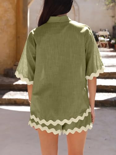 Image of Danedvi Womens 2 Piece Outfits Beach Vacation Summer Short Sleeve Button Down Shirts and Shorts Lounge Sets