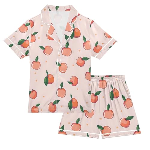ALAZA Peach Leaf Polka Dot Pajamas Satin Pajama Set Short Sleeve Button Down Sleepwear