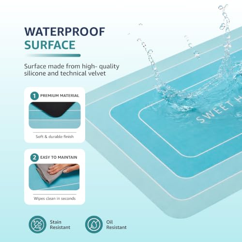 Image of Amazon Brand - Solimo Silicone Kitchen & Bath Mat (Pack of 2) | Light Blue| Anti-Fatigue Comfort Foam | Waterproof & Anti-Slip | 60 x 40 cm & 40 x 120 cm| Quick-Dry & Easy Clean