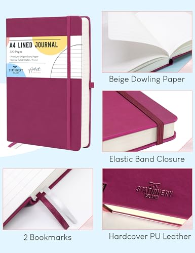 STATIONERY ISLAND A4 liniertes Notizbuch, 320 Seiten dickes Tagebuch, liniertes Tagebuch, Hardcover mit 100 g/m² zum Schreiben, Arbeiten, Lernen, Tagebuch, Beere