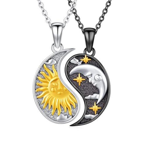 Yin Yang Couples Matching Necklace 925 Sterling Silver Sun and Moon Couples Pendant Yin Yang Necklace Friendship BFF Jewelry for Women with Jewelry Box