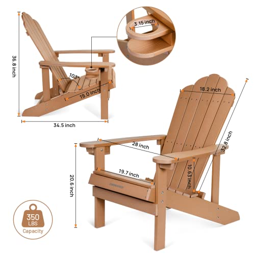 Embrange Adirondack Chair With Cup Holder, Fire Pit Chair,All Weather Resistant Poly Lumber Patio Chair With Wood Grain&Cloud-Like Backboard. Sturdy Lounge Chair For Patio&Lawn & Garden (Teak) #TOP2
