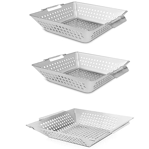Grisun Grill Baskets - 3 Pcs Grill Baskets For Outdoor Grill With Handle, Heavy Duty Grilling Baskets, Stainless Steel Wok Grill Pan, Grill Pan For Veggies Outdoor Grill, Dishwasher Safe #TOP18