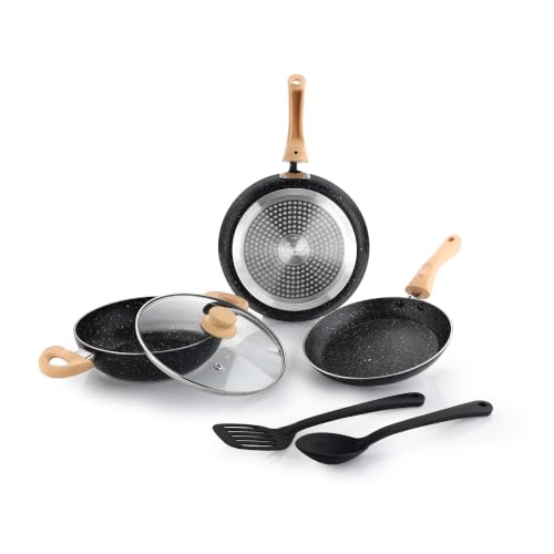 Image of Crystal Aluminum 6 Pcs Non Stick Cookware Set with Induction Bottom | Tawa, Fry Pan, Kadhai with Lid, Laddle & Spatula | Durable 4 Layer Non Stick Coating | PFOA Free | Black