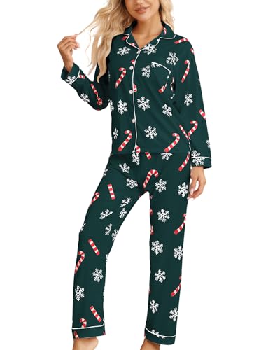 Pajamigols Christmas Pajamas for Women Set 2 Piece lounge Sets Long Sleeve Button Down Loungewear Cute Pj Soft Sleepwear Green XL