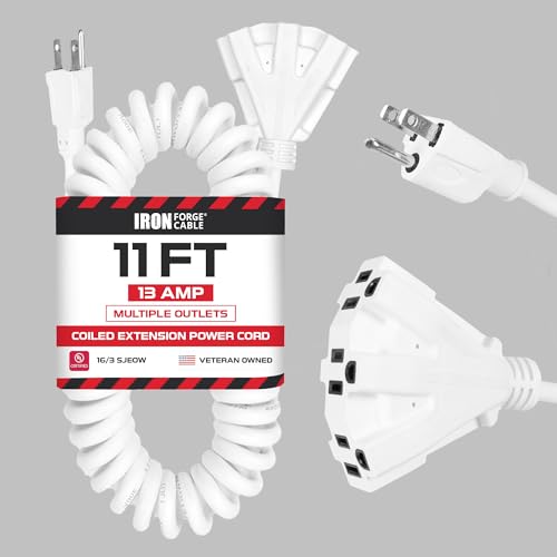 Iron Forge Cable 16 Gauge White Coiled Cord, 11 Ft - 3 Outlet