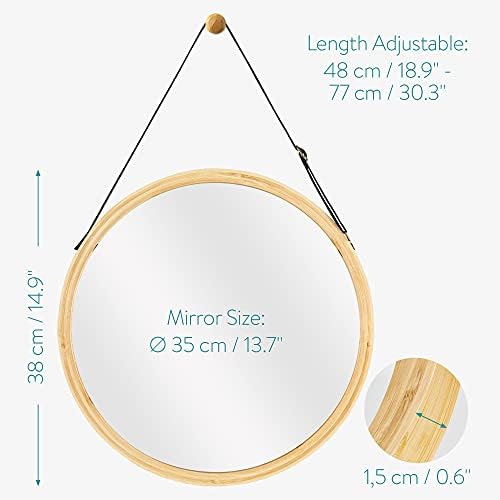 Navaris Round Hanging Mirror - Small Bamboo Wall-Mounted Contemporary Modern Design Mirror with Adjustable Strap for Living Room, Bedroom, Hallway