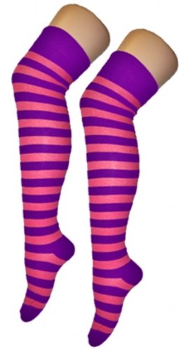 Ploutos World Wide Womens Ladies Stripe Over The Knee Socks Thigh High Girls Stretchy OTK Socks Fancy Dress Socks One Size (Pink Purple)