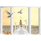 Baocicco 10x7ft Istanbul's Maiden Tower Backdrop Lighthouse Luxury Pier Stone Pillars Doves Sea Mews Photography Background Romantic Wedding Shooting Props Honeymoon Lovers Portrait Studio