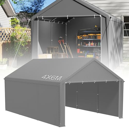 YRHome Tente de stockage 4x6 m avec toit en PE Tente industrielle en PVC imperméable et résistante aux déchirures pour voiture, SUV, camion, bateau et stockage mobile - Gris