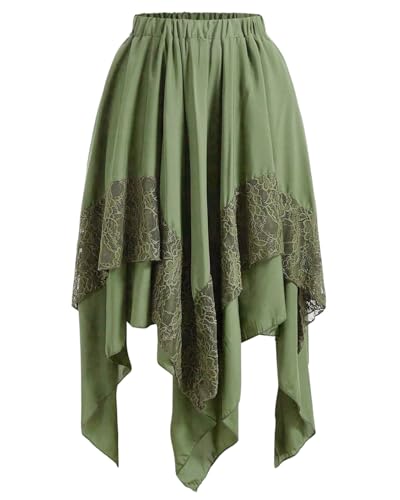 Renaissance Lace Skirt Medieval Flowy Asymmetrical Midi Fairy Pirate Skirt for Women Ren Faire (Light Green X-Large)