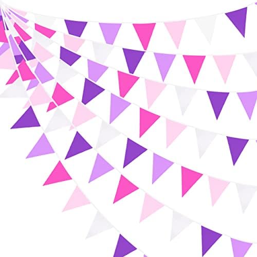 10M/32Ft Rose Pink Purple White Pennant Banner Fabric Triangle Flag Cotton Bunting Garland for Unicorn Birthday Wedding Anniversary Party Home Nursery Outdoor Garden Hanging Festivals Decoration