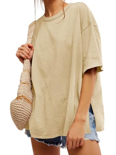 Image of Tankaneo Womens Oversized Tshirts Summer Casual Short Sleeve Crew Neck T Shirt Loose Fit Side Slit Tee Tops