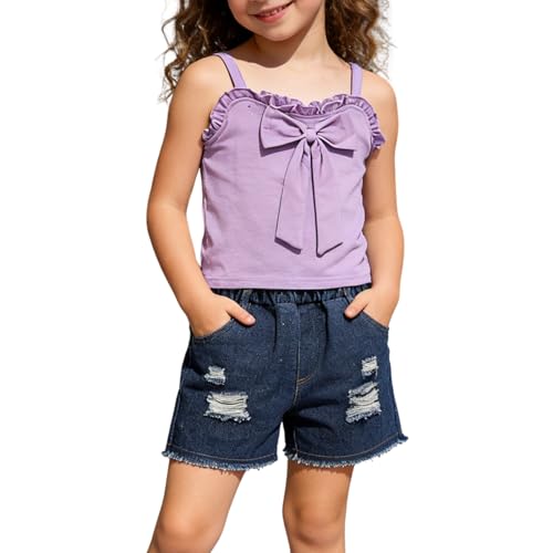 Voxikodex Size 6 7 Years Girls Clothes 2 Piece Cute Bow Ruffle Sleeveless Tops Denim Shorts Set Fashion Kids Girls Summer Vacation Clothing Set Purple(6-7T)