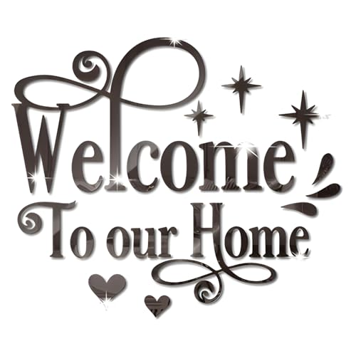 Welcome to Our Home Wall Decor Sticker, Home Acrylic 3D Mirror Wall Decal, Removable Art Letter Sign, Wall Door Quote Decoration DIY for Living Room Bedroom Sofa TV Background (Black)