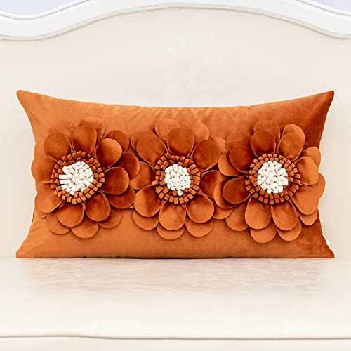 Alerfa 3D Flower Handmade Throw Pillow Cover Decorative Orange Velvet Pillowcase Cushion Cover With Hidden Zipper For Couch Bed Living Room Home Decor 12X20 Inches #TOP20