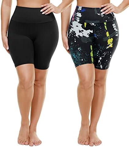 TNNZEET 2 Pack Plus Size High Waisted 8" Biker Shorts for Women—Buttery Soft Black Yoga Shorts（2X, 3X, 4X）