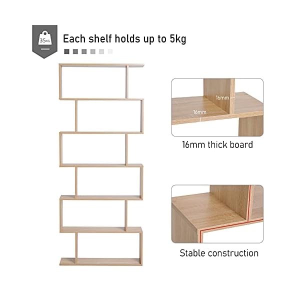 HOMCOM Wooden Wood S Shape Storage Display 6 Shelves Room Divider Unit Chest Bookshelf Bookcase Cupboard Cabinet Home Office Furniture (Oak) - Image 5