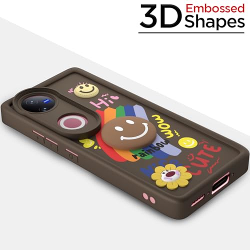 Image of Pikkme Back Cover for Vivo Vivo T4R 5G / iQOO Z10R 5G / Vivo V50 5G / V50e 5G | Soft Silicone| Cute Rainbow Smile & 3D Cartoon Flower Design | Shockproof Raised Camera Protection Bumper Case (Brown)