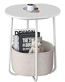 TUTOTAK Small Side Table, Oval End Table, Night Stand, Bedside Table, Sofa Table with Cloth Storage Basket, Living Room, Bed Room, White TB01BW063