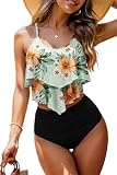 Adisputent Womens High Waisted Bathing Suits Flounce Halter Tank Top Bikini Bottoms Tummy Control Modest Swimwear Two Piece Swimsuits Tankini Gentle Green XL