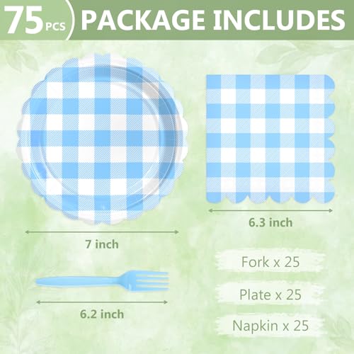 Image of Mulbozy 75 Blue Gingham Paper Plates and Napkins for Baby Shower, 25-7 inch