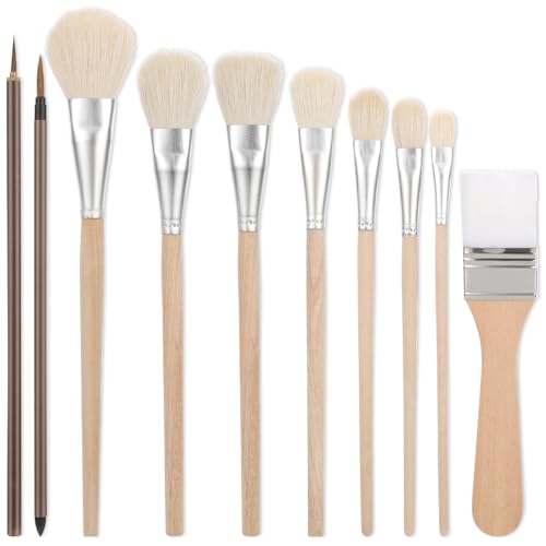 10 Pcs Pottery Glaze Tools Brushes Ceramic Brushes Goat Hair Blend Mop Brush Set Watercolor Wool Paintbrush Sets for Students Adults Kids