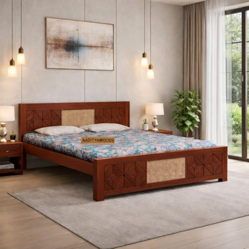 Image of AADITYA WOODS Solid Sheesham Wood Bed Cot Without Storage |Wooden Bed for Bedroom | Multipurpose Duble Cot (Honey Q, Queen)