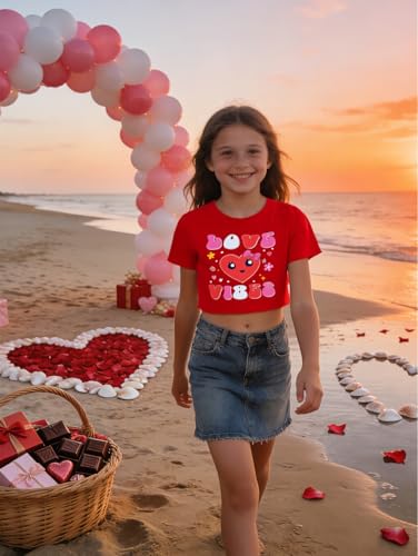 Image of Girls Valentine T-Shirts Crop Tops Short Sleeve Shirts Little Kids Love Heart Graphic Tees