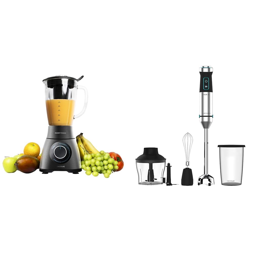 Cecotec Batidora de Vaso Power Black Titanium 2500MAX PerfectMix. 2500W Máxima Potencia & Batidora de mano Power TitanBlack 1500 XL Cream&Crush. Potencia 1500 W, Cuchilla 4 hojas