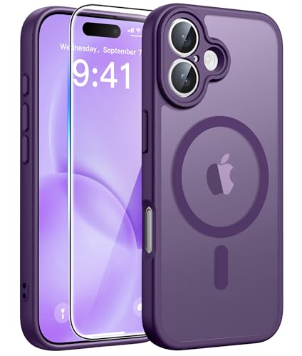 Image of FNTCASE for iPhone 16 Case: [Compatible with Magsafe] Translucent Matte Cases with [Full Camera Protection] [Screen Protector] Military Grade Shockproof Protective Phone Cover - Purple