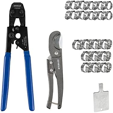 EFIELD Pex Cinch Clamp/Ear Hose Clamps Crimping Tool for Stainless Steel Clamps Sizes from 3/8" to 1" with Metal Pipe Cutter 20pcs 1/2" and 10 pcs 3/4" Clamps Suit all US F2098 Standards