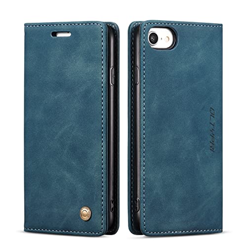  QLTYPRI Case for iPhone SE 2022 5G/SE 2020/8/7, Vintage PU Leather Wallet Case Card Slot Kickstand Magnetic Closure Shockproof Flip Folio Cover -Blue