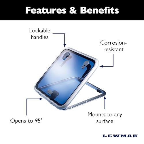 Image of Lewmar Flat Base Ocean Boat Hatch - Size 30, Corrosion-Resistant Anodized Aluminum Frame, CE-Certified, Lockable Handle, Friction Levers Open in All Positions Up to 90 Degrees